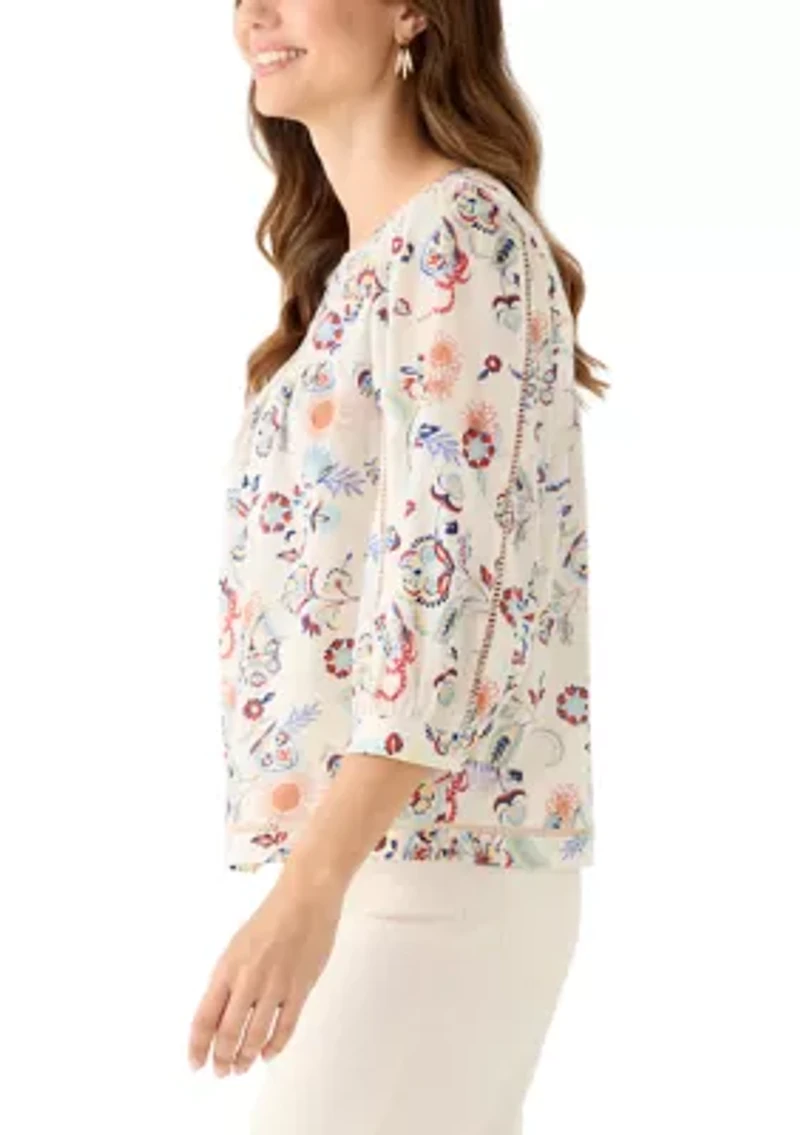 Women's Three-Quarter Sleeve Embroidered Printed Swing Top