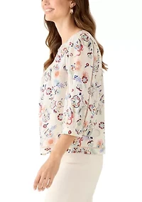Women's Three-Quarter Sleeve Embroidered Printed Swing Top