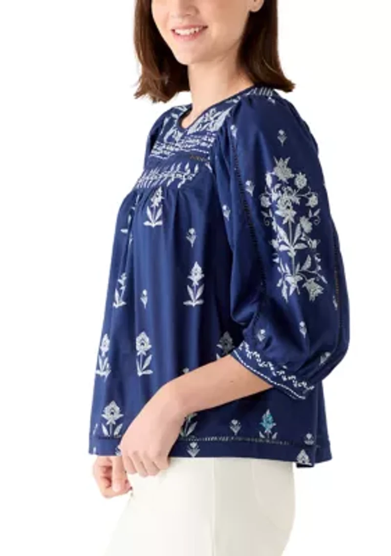Women's 3/4 Sleeve Embroidered Printed Swing Top