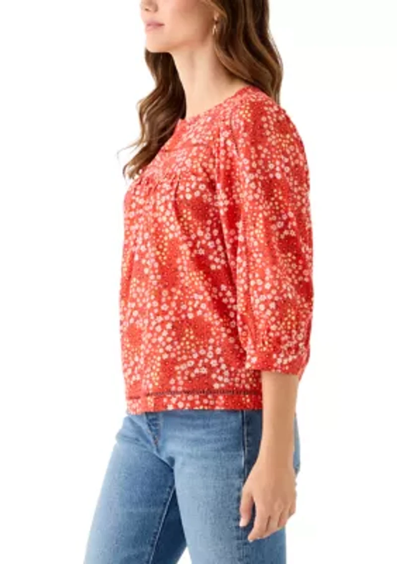 Women's 3/4 Sleeve Embroidered Printed Swing Top