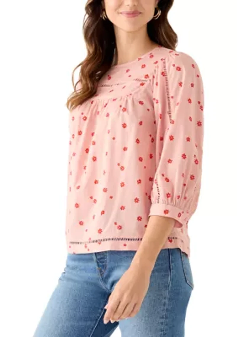 Women's 3/4 Sleeve Embroidered Printed Swing Top