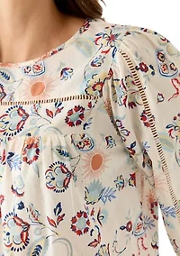 Women's Three-Quarter Sleeve Embroidered Printed Swing Top