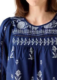 Women's 3/4 Sleeve Embroidered Printed Swing Top