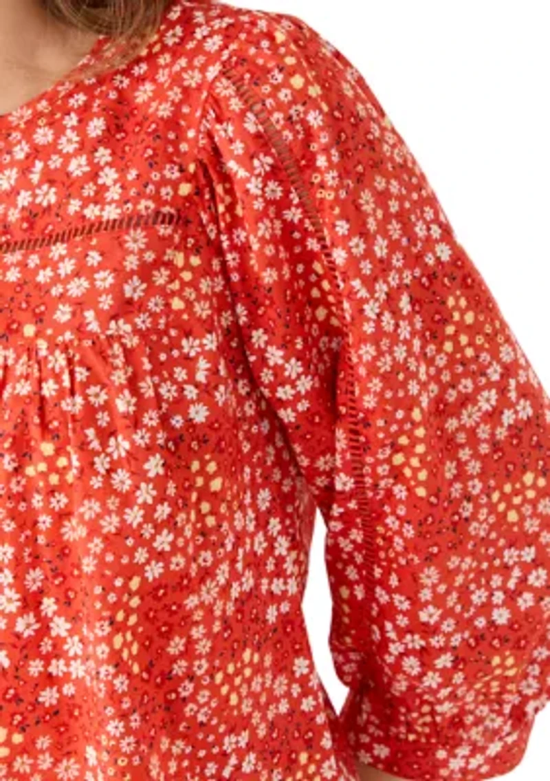 Women's 3/4 Sleeve Embroidered Printed Swing Top