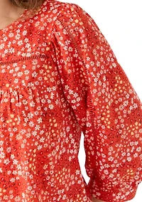 Women's 3/4 Sleeve Embroidered Printed Swing Top