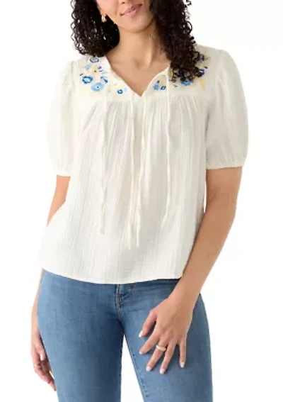 Women's 3/4 Sleeve Tie Front Embroidered Gauze Top