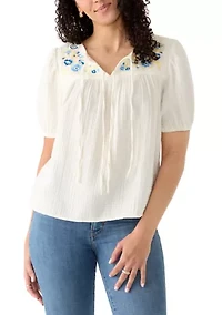 Women's 3/4 Sleeve Tie Front Embroidered Gauze Top