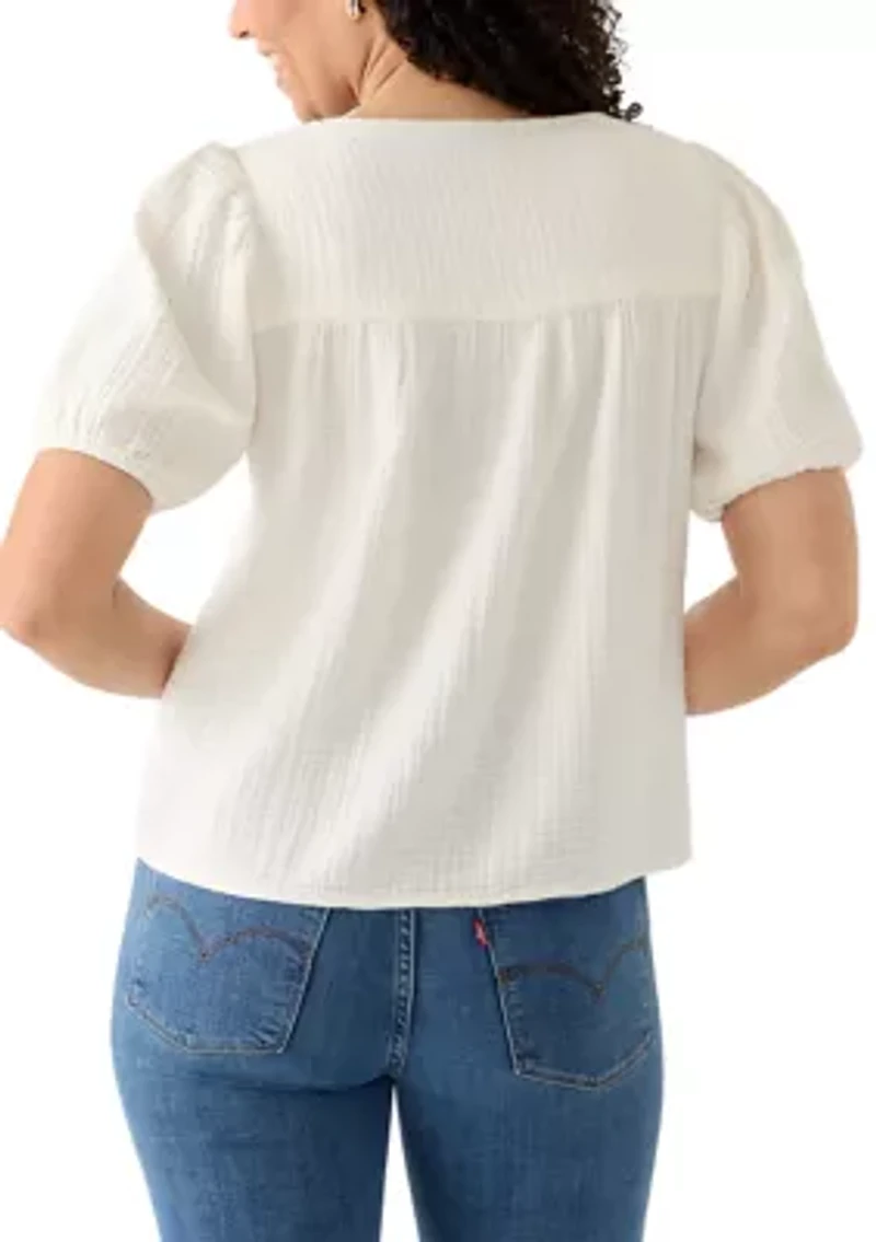 Women's 3/4 Sleeve Tie Front Embroidered Gauze Top
