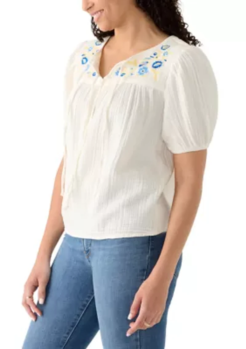 Women's 3/4 Sleeve Tie Front Embroidered Gauze Top