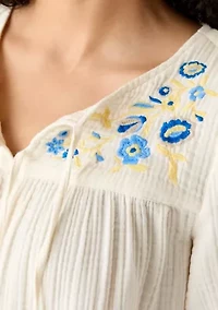 Women's 3/4 Sleeve Tie Front Embroidered Gauze Top