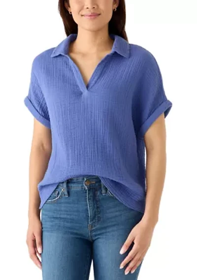 Women's Short Sleeve Gauze V-Neck Top