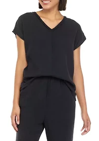 Petite Short Sleeve Cotton Gauze V-Neck Dolman Top
