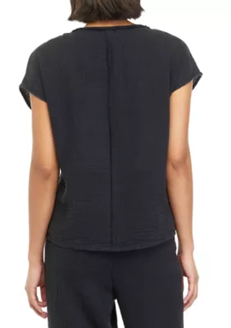 Petite Short Sleeve Cotton Gauze V-Neck Dolman Top