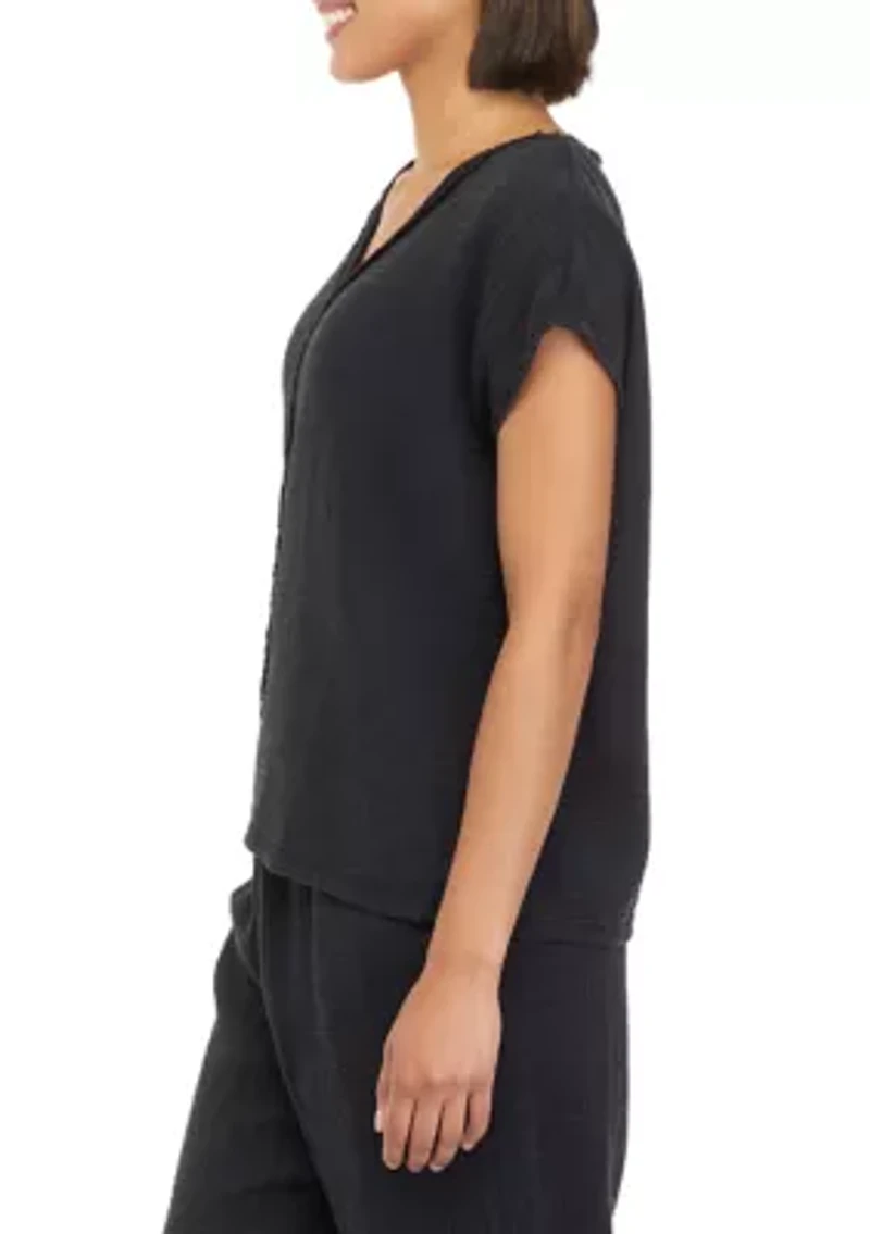 Petite Short Sleeve Cotton Gauze V-Neck Dolman Top
