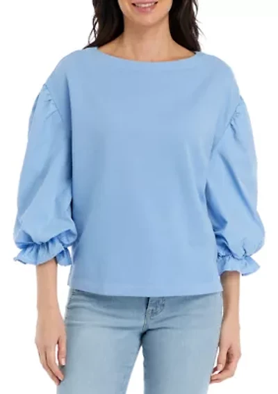 Petite Knit Woven Mix Pullover Top