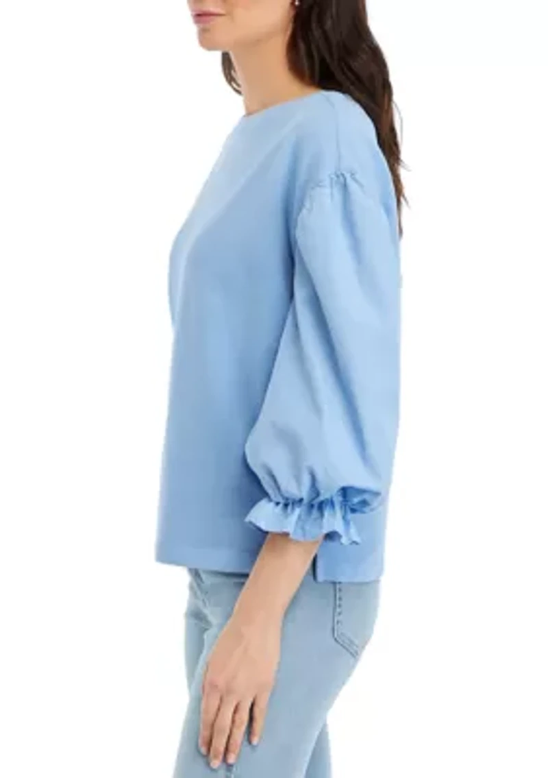 Petite Knit Woven Mix Pullover Top