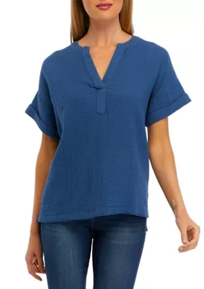 Petite Roll Sleeve Popover Blouse