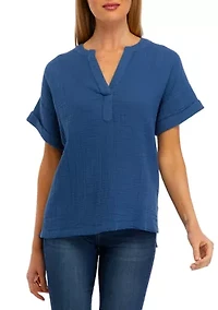 Petite Roll Sleeve Popover Blouse