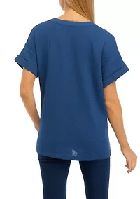 Petite Roll Sleeve Popover Blouse