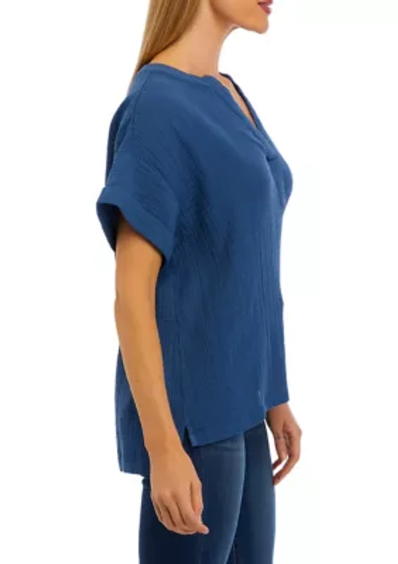 Petite Roll Sleeve Popover Blouse