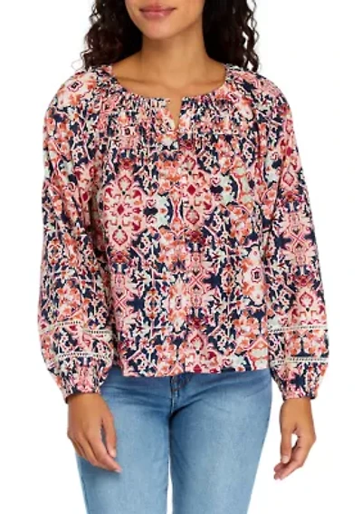 Petite Pintuck Printed Button Down Blouse