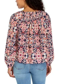 Petite Pintuck Printed Button Down Blouse
