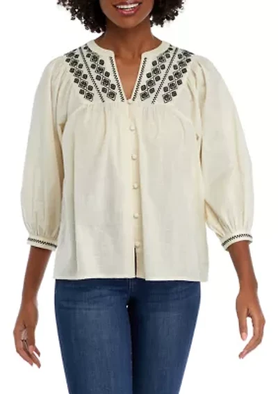 Petite Embroidered Button Down Blouse