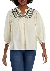 Petite Embroidered Button Down Blouse