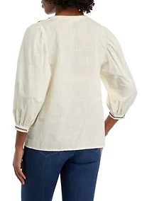 Petite Embroidered Button Down Blouse