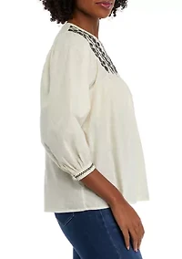 Petite Embroidered Button Down Blouse