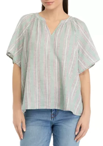 Petite Shirred Split Neck Top