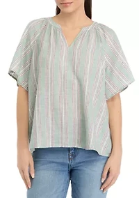 Petite Shirred Split Neck Top