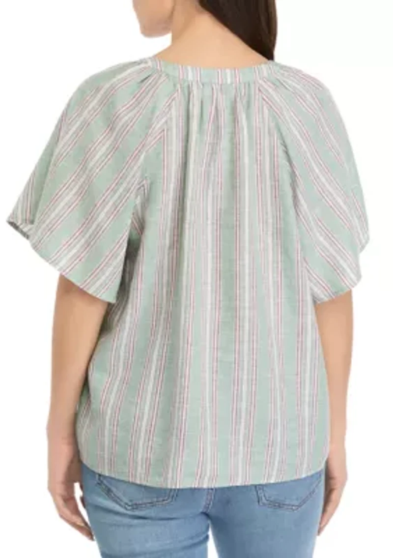 Petite Shirred Split Neck Top
