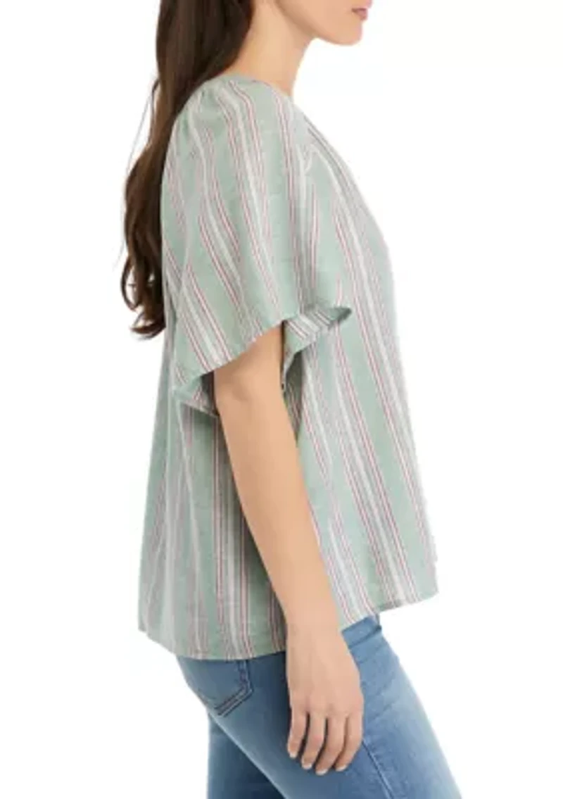 Petite Shirred Split Neck Top