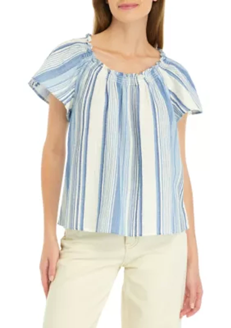 Petite Shirred Neck Striped Top