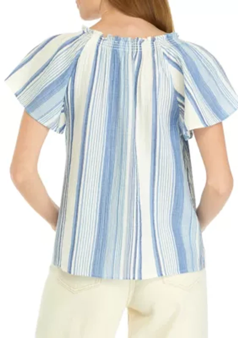 Petite Shirred Neck Striped Top