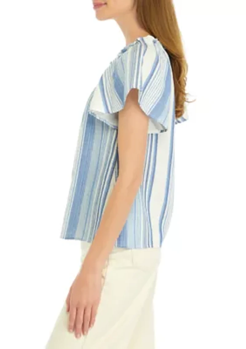 Petite Shirred Neck Striped Top