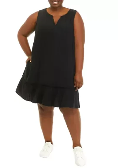 Plus Sleeveless Split Neck Gauze Dress