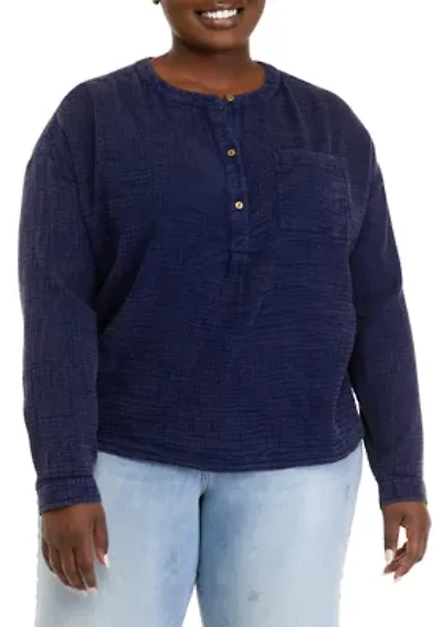 Plus Long Sleeve Popover Henley Top