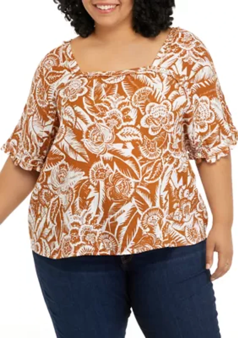 Plus Short Sleeve Cotton Gauze Square Neck Top
