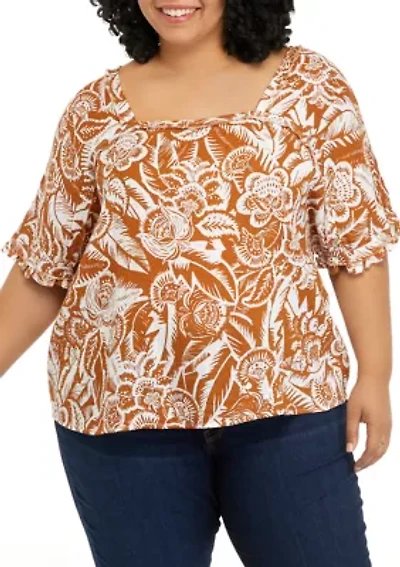 Plus Short Sleeve Cotton Gauze Square Neck Top