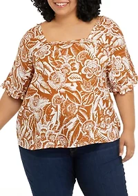 Plus Short Sleeve Cotton Gauze Square Neck Top
