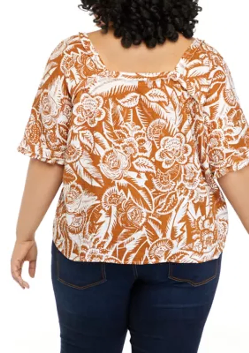 Plus Short Sleeve Cotton Gauze Square Neck Top