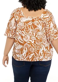 Plus Short Sleeve Cotton Gauze Square Neck Top
