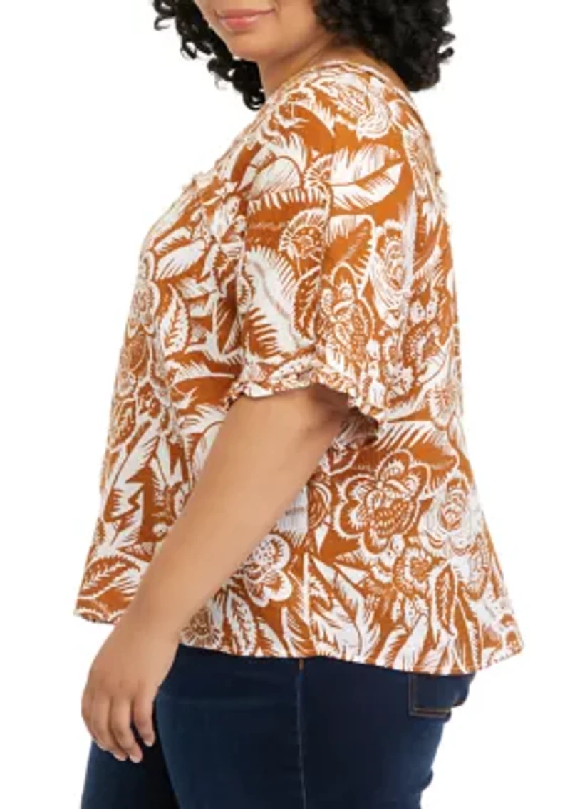 Plus Short Sleeve Cotton Gauze Square Neck Top