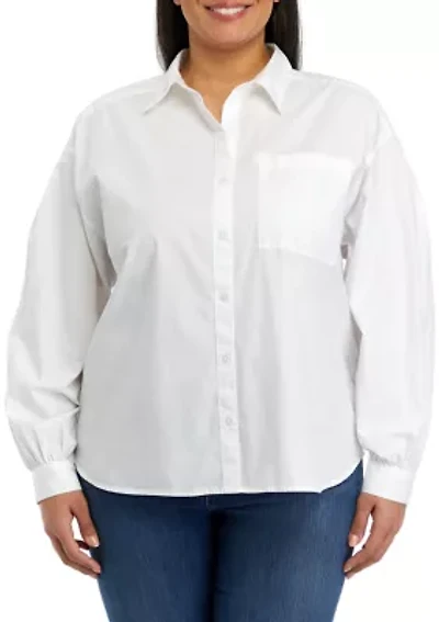 Plus Patch Pocket Solid Button Down Blouse