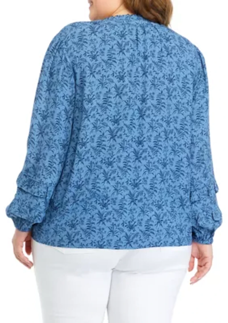 Plus Ruffle Trim Printed Blouse