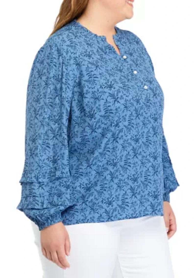 Plus Ruffle Trim Printed Blouse