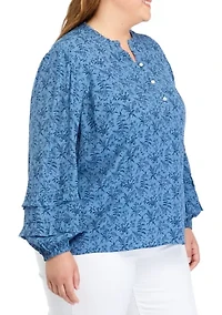 Plus Ruffle Trim Printed Blouse
