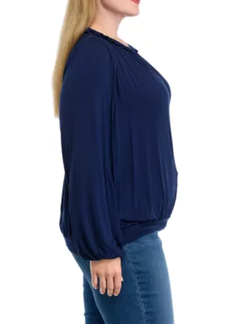 Plus Long Sleeve Ruffle Neck Blouse